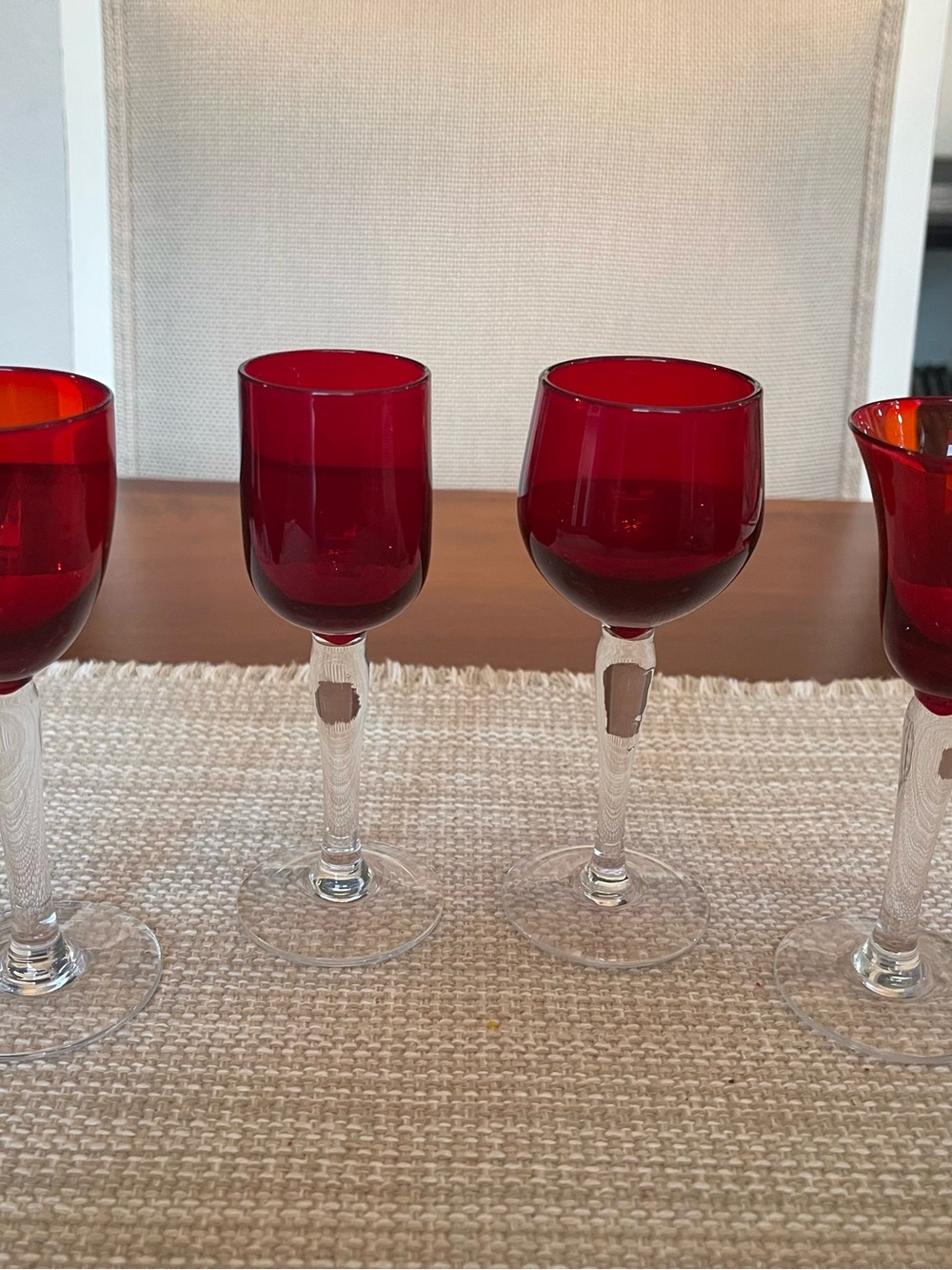 Crate&Barrel Red with clear stems cordial glasses - Set of 4